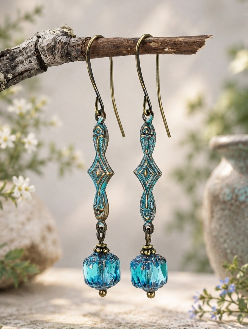Art Deco Inspired Aqua Cathedral Glass Earrings Patina Brass Hand Crafted